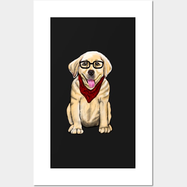 Dog wearing glasses and red scarf cute Golden Labrador retriever puppy dog Wall Art by Artonmytee